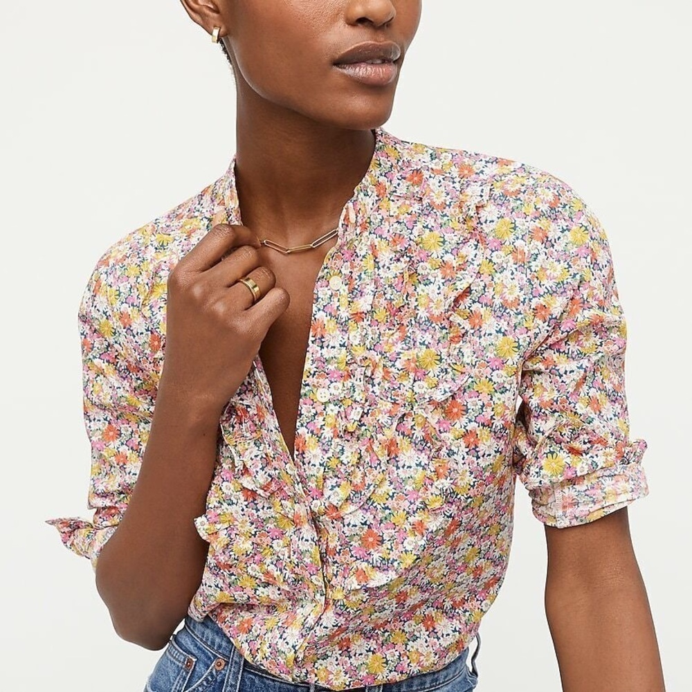 Floral Ruffle-Trim Button-Down Blouse - Pink Multi